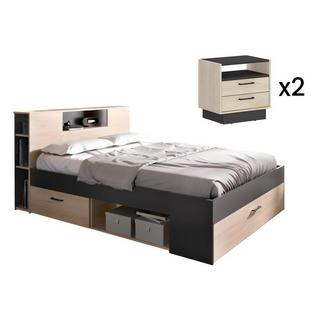 Vente-unique Bett mit Kopfteil, Stauraum & Schubladen + Nachttische - 140 x 190 cm - Holzfarben & Anthrazit - LEANDRE  