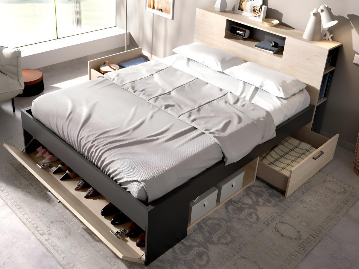 Vente-unique Bett mit Kopfteil, Stauraum & Schubladen + Nachttische - 140 x 190 cm - Holzfarben & Anthrazit - LEANDRE  
