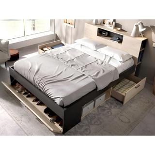 Vente-unique Bett mit Kopfteil, Stauraum & Schubladen + Nachttische - 140 x 190 cm - Holzfarben & Anthrazit - LEANDRE  
