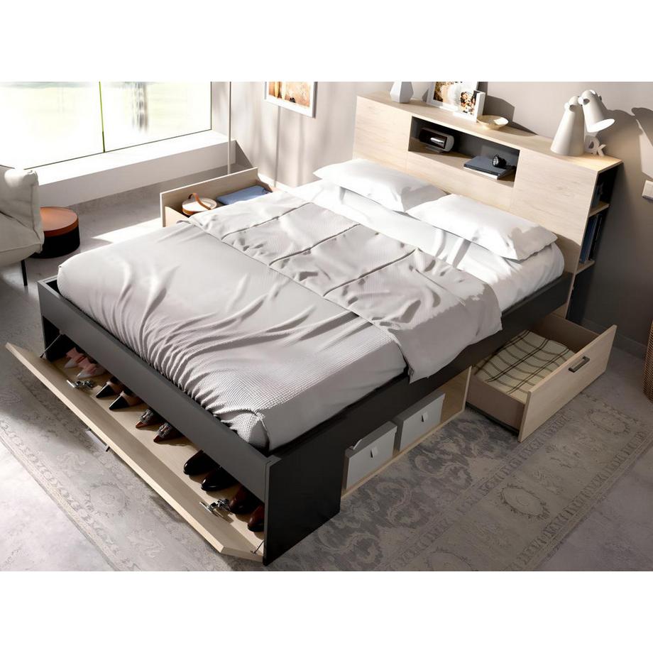 Vente-unique Lit avec tête de lit rangements et tiroirs - 140 x 190 cm - Coloris : Naturel et anthracite + Chevets - LEANDRE  