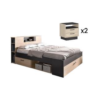 Vente-unique Letto con testata con vani portaoggetti e cassetti 140 x 190 cm Naturale e Antracite + Comodini - LEANDRE  