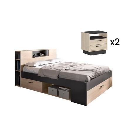 Vente-unique Letto con testata con vani portaoggetti e cassetti 140 x 190 cm Naturale e Antracite + Comodini - LEANDRE  