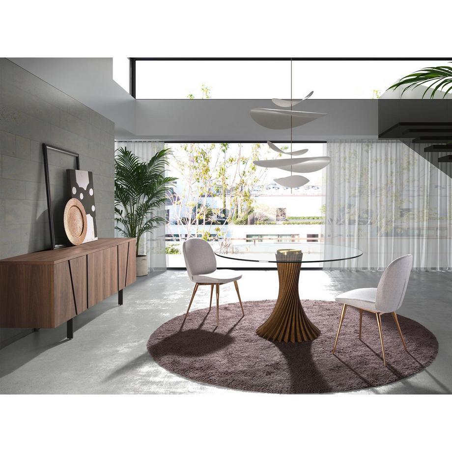 ANGEL CERDA Table à manger ronde verre trempé et noyer  