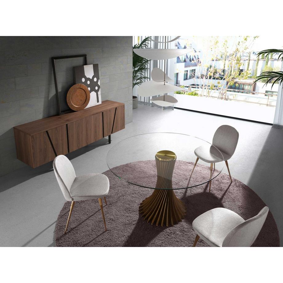 ANGEL CERDA Table à manger ronde verre trempé et noyer  