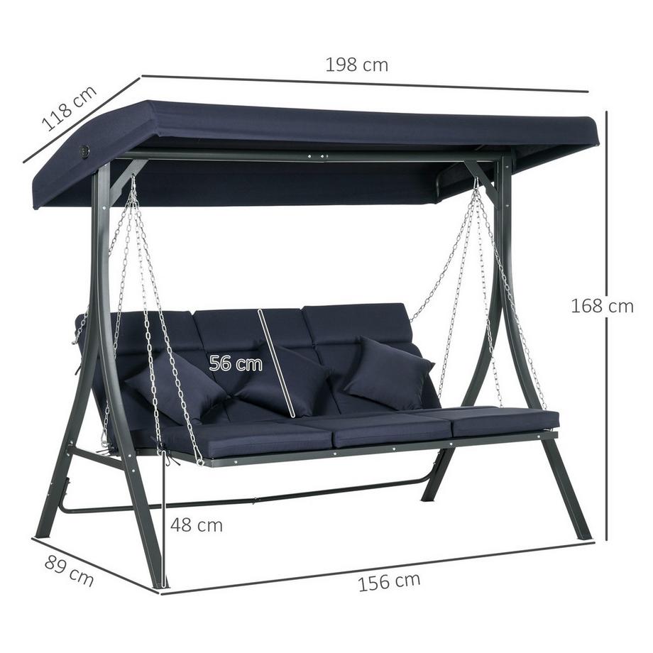 Northio Hollywoodschaukel 3-Sitzer, Schaukelbank Mit Verstellbarem Sonnendach, Gartenschaukel Mit Kissen, Bis 270 Kg Belastbar, Metall, Texteline, Dunkelblau, 198 X 118 X 168 Cm  