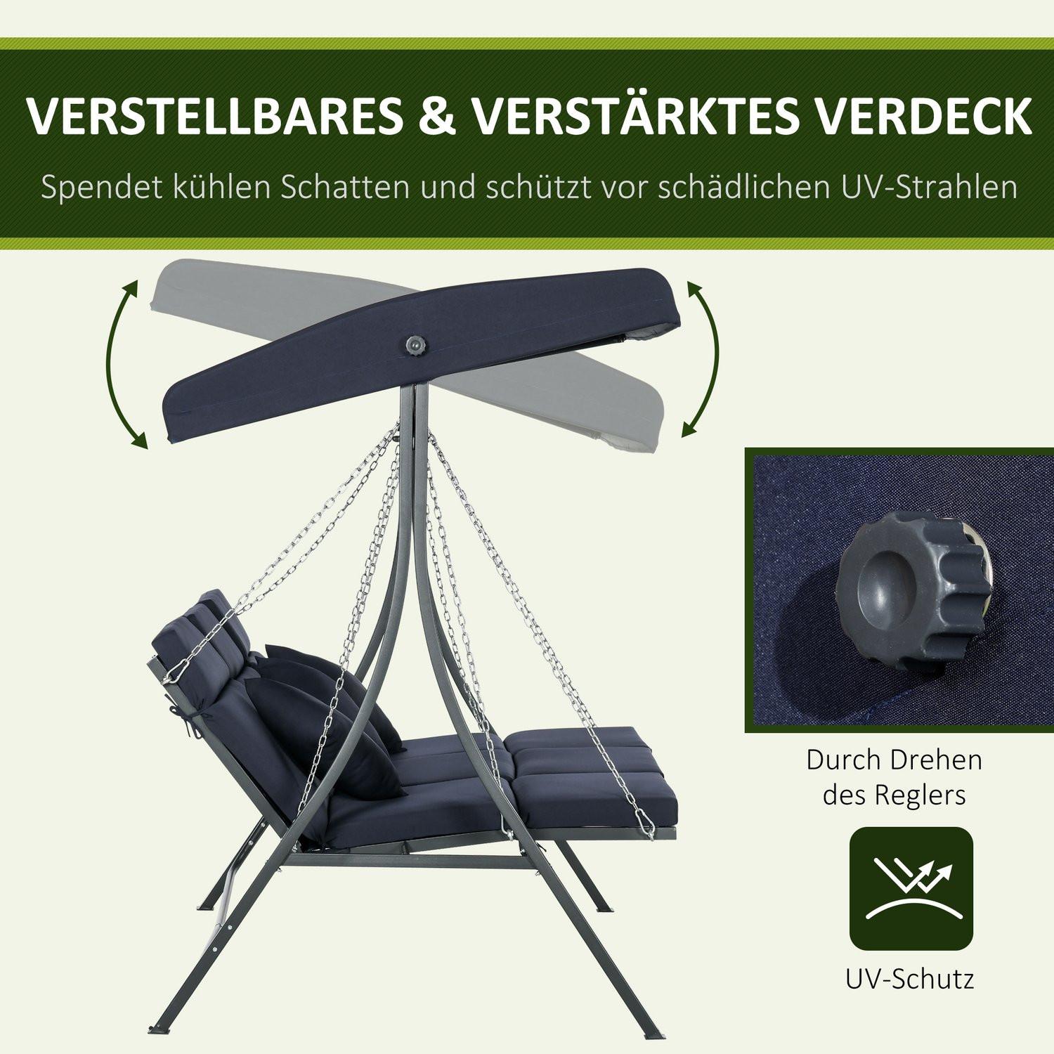 Northio Hollywoodschaukel 3-Sitzer, Schaukelbank Mit Verstellbarem Sonnendach, Gartenschaukel Mit Kissen, Bis 270 Kg Belastbar, Metall, Texteline, Dunkelblau, 198 X 118 X 168 Cm  