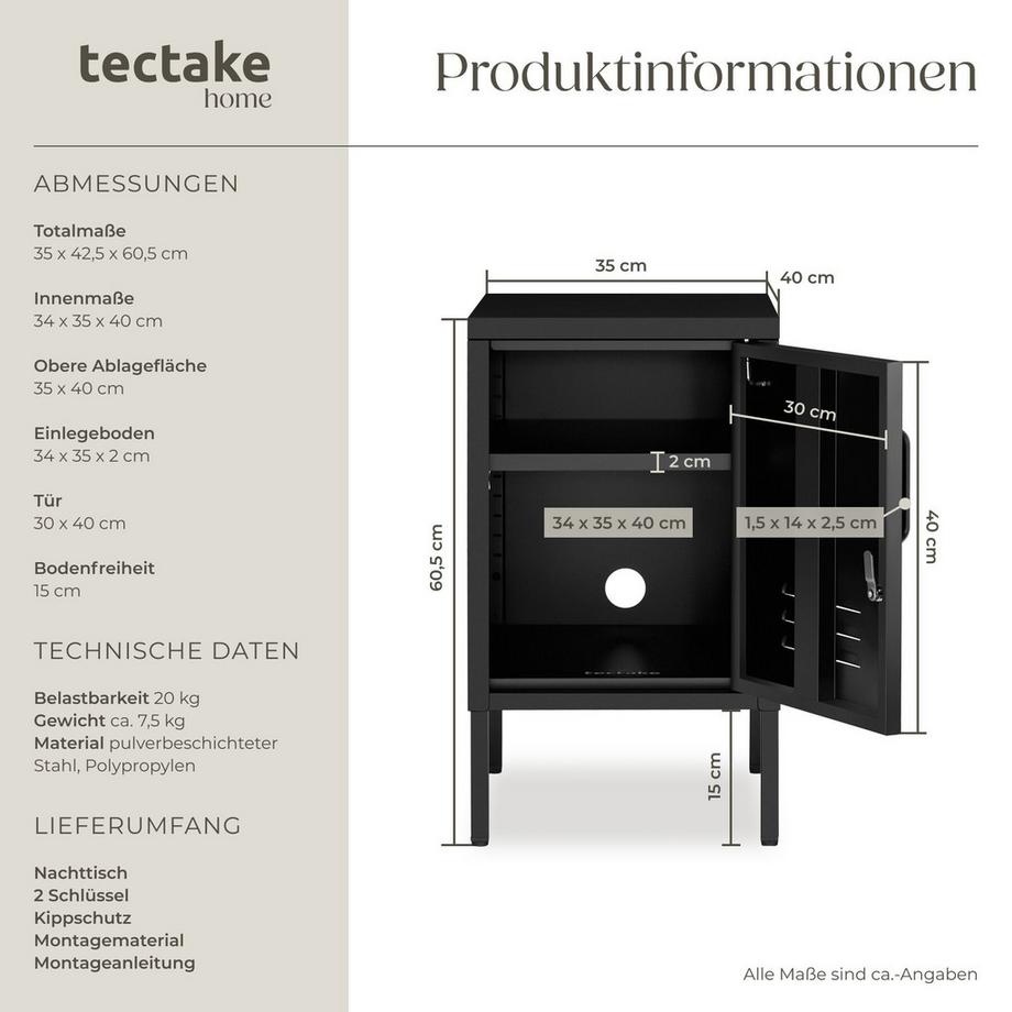 Tectake comodino in metallo moderno Baker porta chiudibile con chiusura magnetica  
