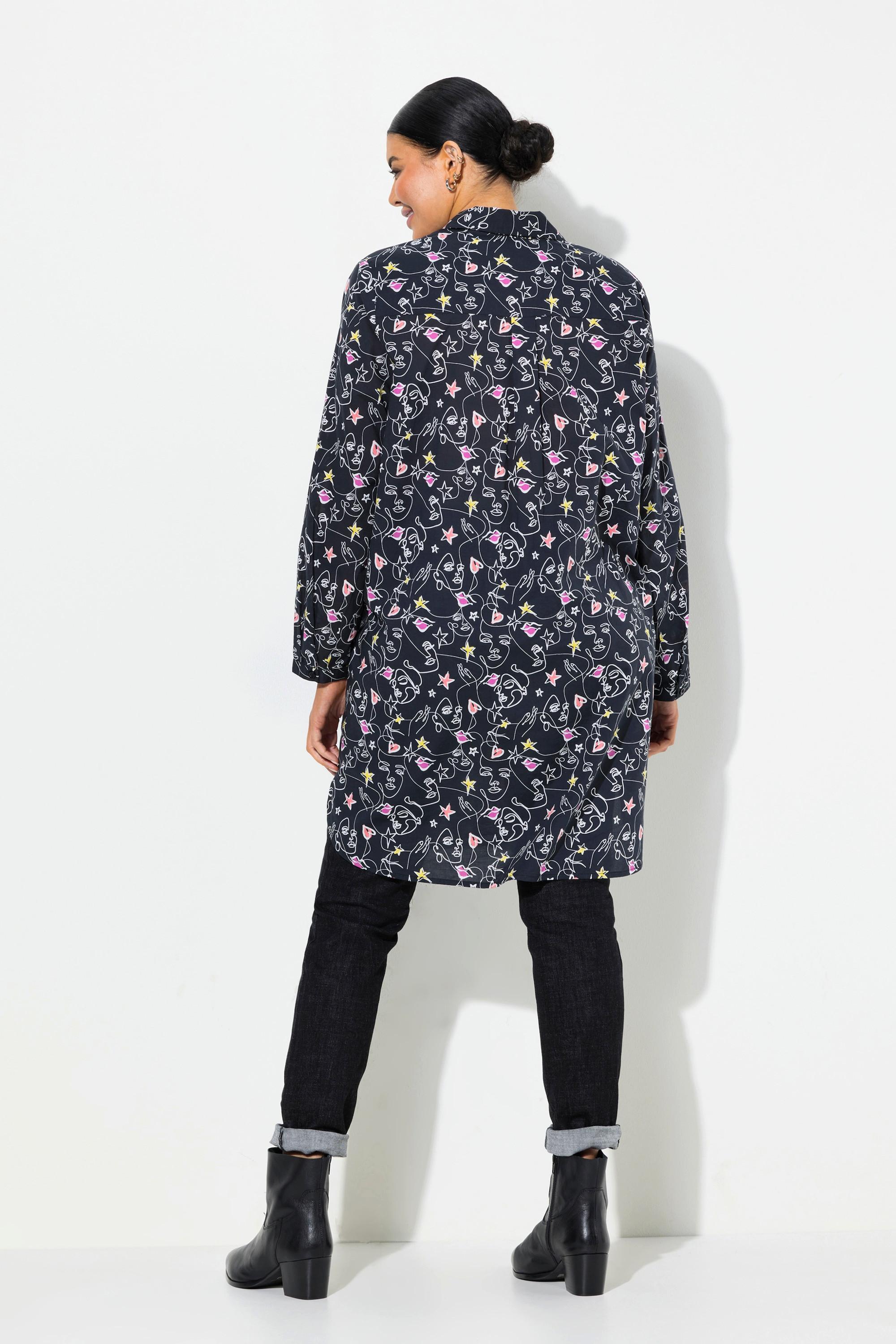 Ulla Popken Blusa Lunga Fantasia Cuore Scribble A-Linea Maniche Lunghe  