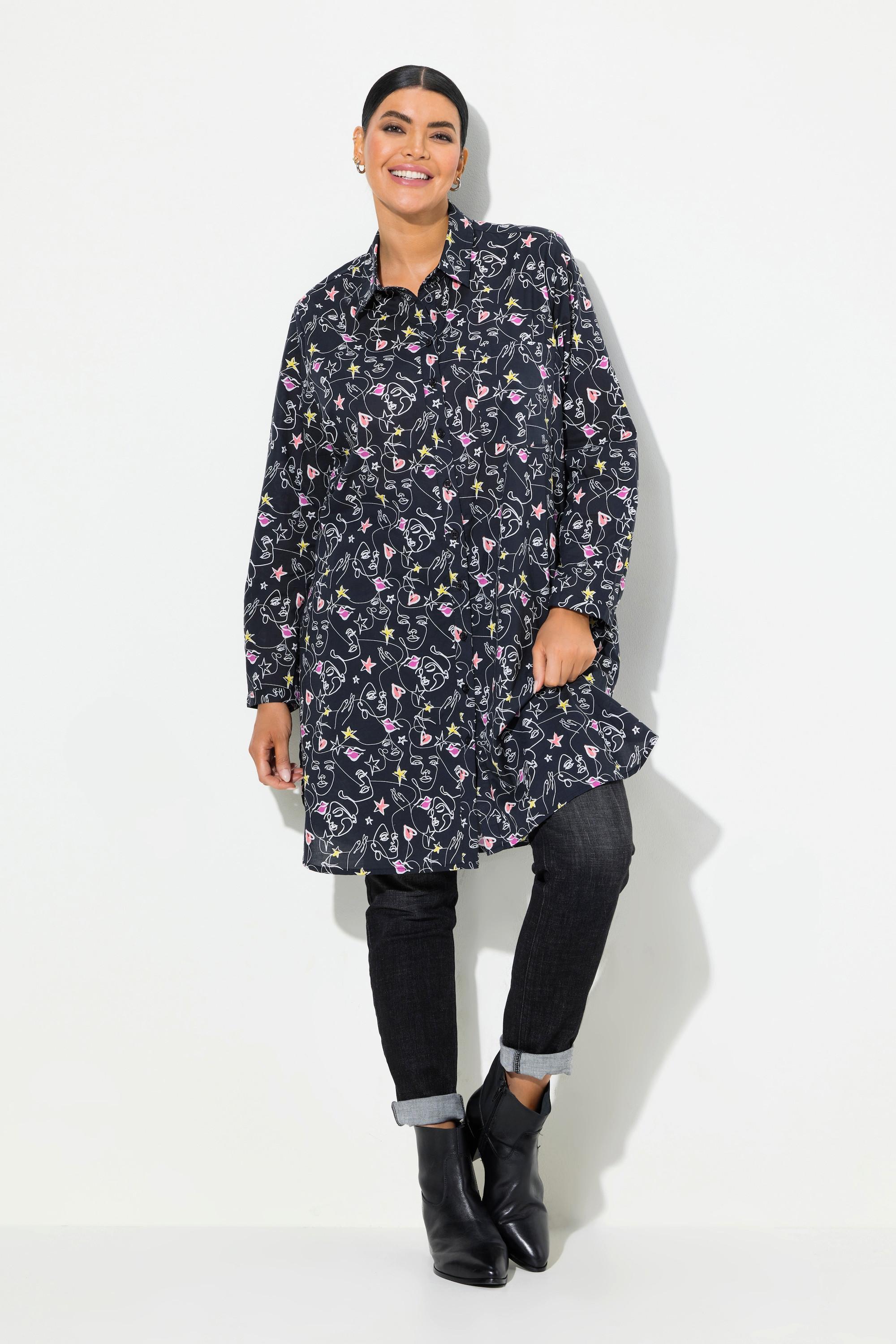 Ulla Popken  Blusa lunga con ghirigori e cuori, taglio svasato e maniche lunghe 