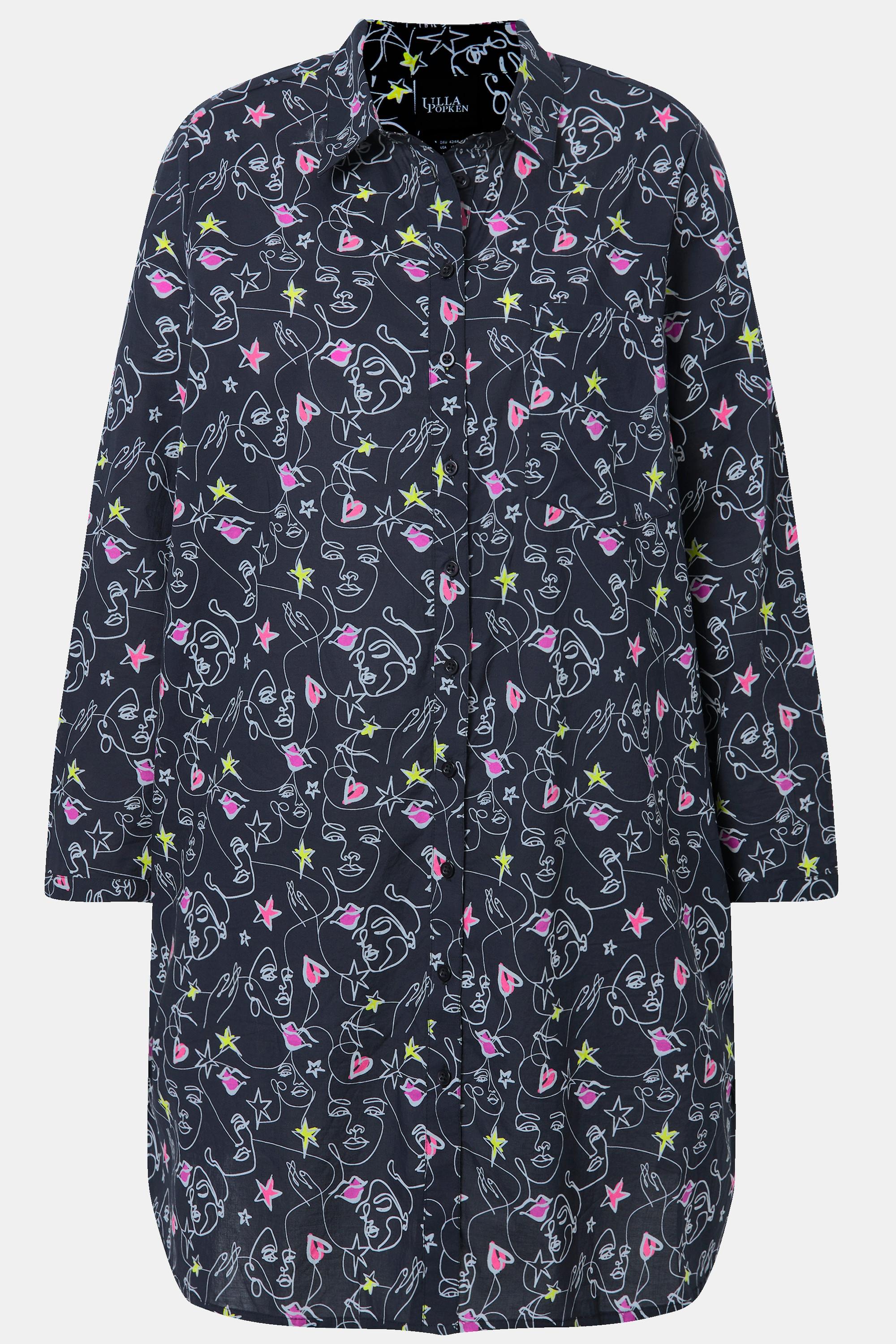 Ulla Popken Blusa Lunga Fantasia Cuore Scribble A-Linea Maniche Lunghe  