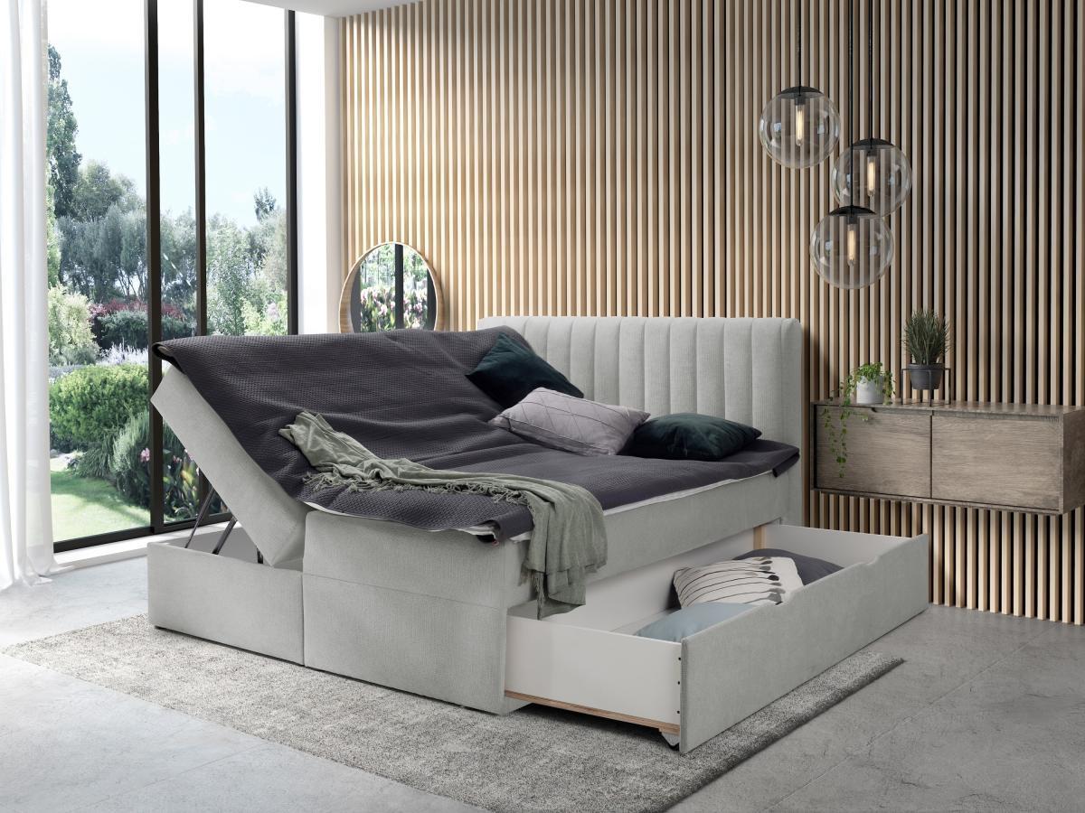 Ysmée Ensemble complet literie déco tête de lit + sommiers coffre et tiroir + matelas + surmatelas - 160 x 200 cm - Tissu - Gris - ARAO de YSMÉE  