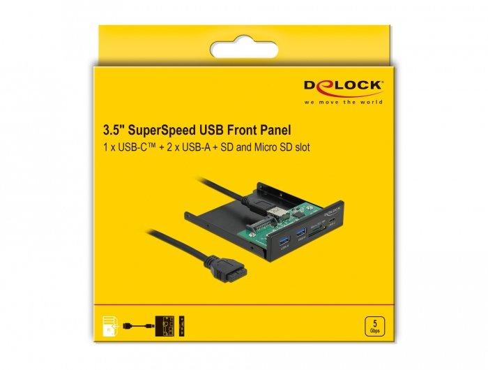 DeLock  Pannello frontale da 3.5″ USB 5 Gbps 1 x USB Type-C + 2 x USB di Tipo-A + SD e slot Micro SD 