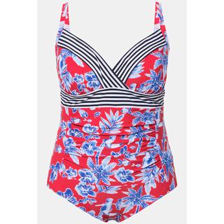 Ulla Popken  Maillot de bain à bonnets souples. Imprimé toucan et larges bordures rayées. Matière recyclée. 