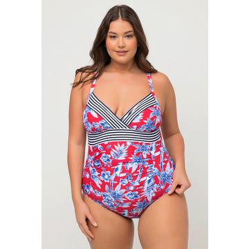 Maillot de bain à bonnets souples. Imprimé toucan et larges bordures rayées. Matière recyclée.