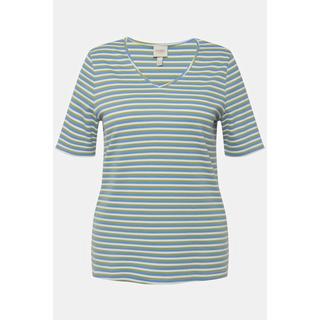 Ulla Popken  T-shirt, jersey bord-côte, col en V, manches 3/4, coton bio 