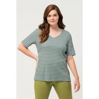 Ulla Popken  T-shirt, jersey bord-côte, col en V, manches 3/4, coton bio 