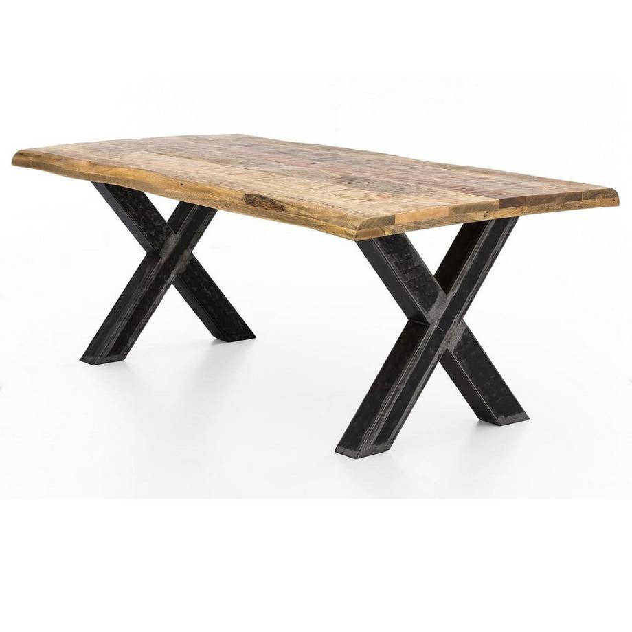 mutoni Table 180x90 cm - mangue naturelle - aspect métal usé - avec bordure d'arbre  