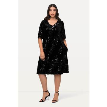 Samtkleid, Pailletten, A-Linie, V-Ausschnitt, 3/4-Arm