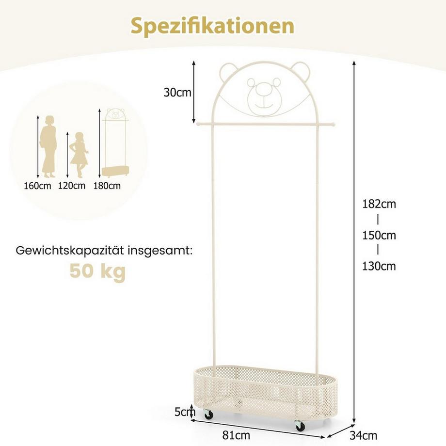 Northix Kinder Kleiderständer höhenverstellbar von 130cm/150cm/182cm Garderobenständer auf Rädern Weiß  