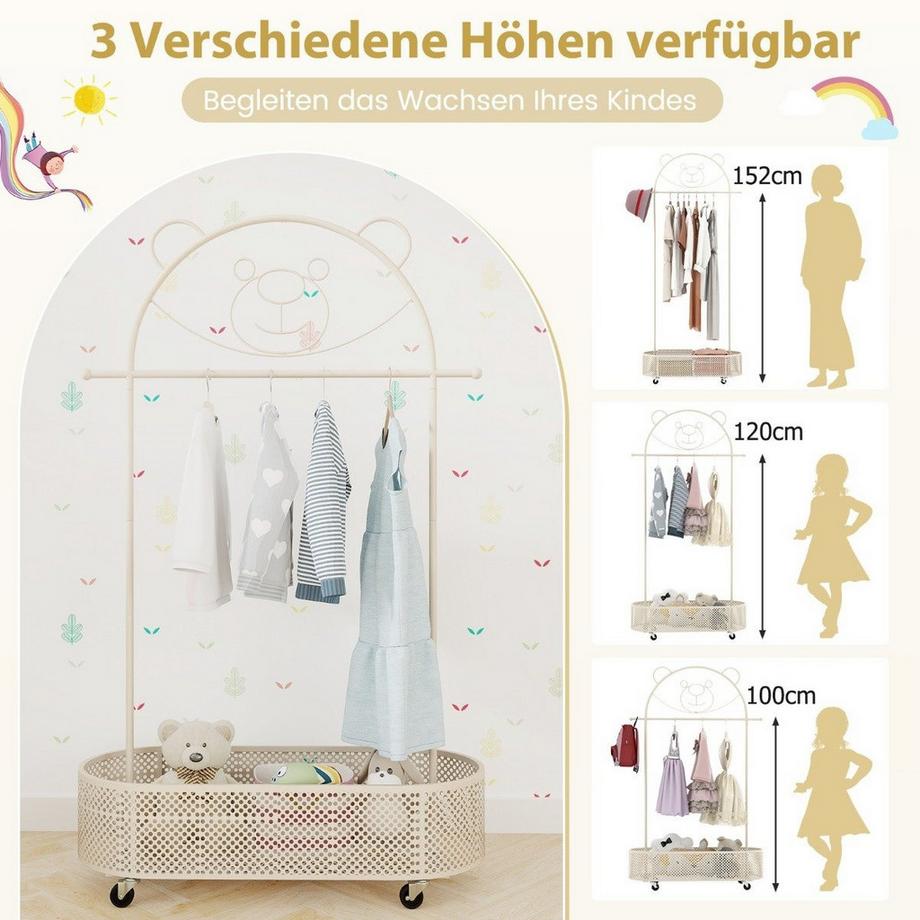 Northix Kinder Kleiderständer höhenverstellbar von 130cm/150cm/182cm Garderobenständer auf Rädern Weiß  