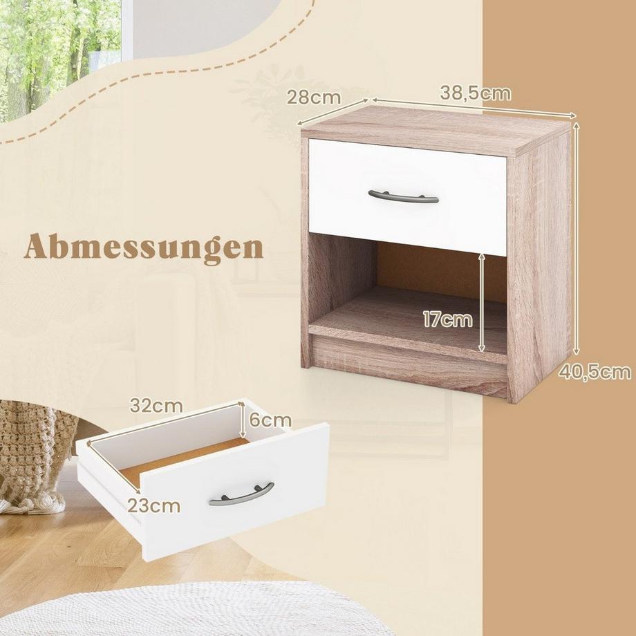 Northio Nachttisch mit Schublade Kleiner Beistelltisch mit offenem Fach 38,5 x 28 x 40,5 cm Natur + Weiß  