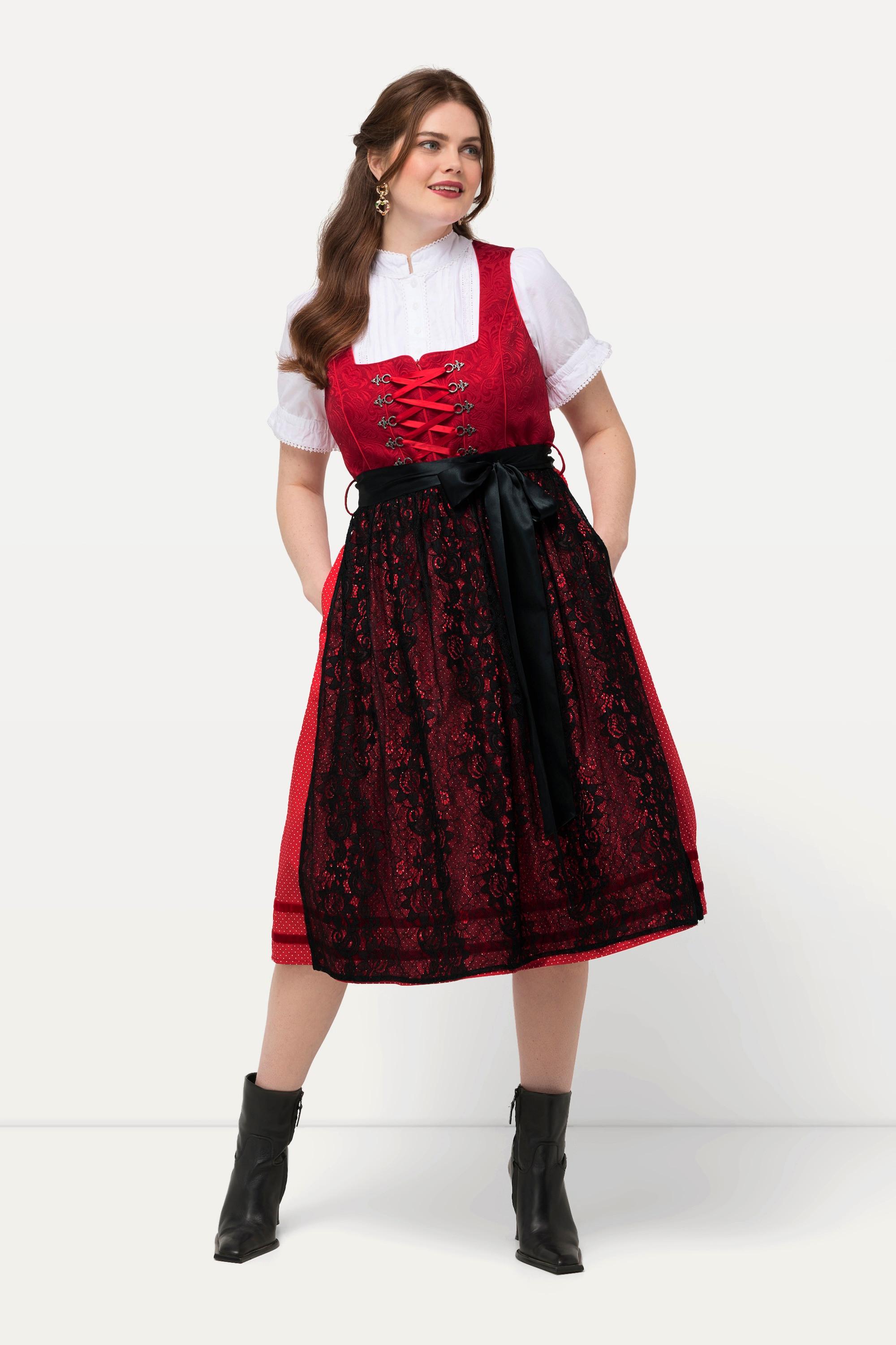 Ulla Popken  Tradizionale abito smanicato Dirndl con grembiule di pizzo e scollo rettangolare 