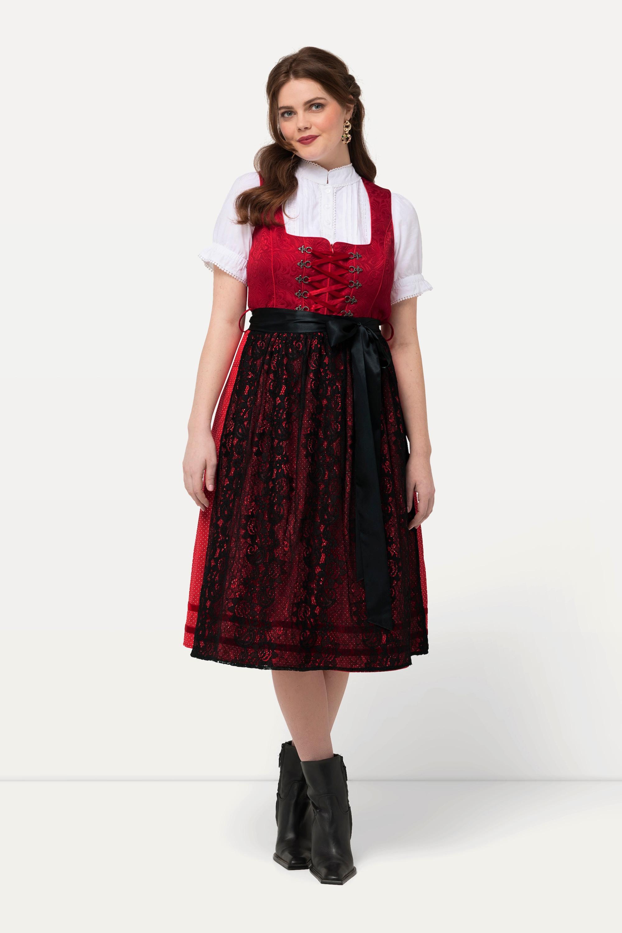 Ulla Popken  Tradizionale abito smanicato Dirndl con grembiule di pizzo e scollo rettangolare 