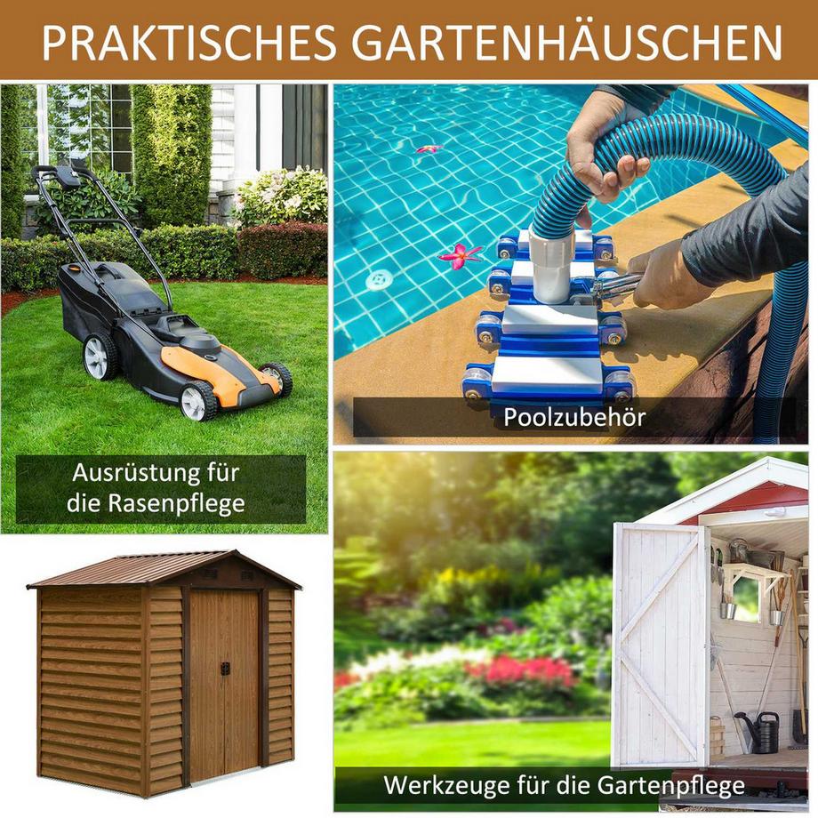 Northio Gartenschuppen Geräteschuppen Gerätehaus Gartenhaus Mit Fenster, Schiebetüren, Wetterfest Gartenhütte Stahl Braun 196 X 236 X 208 Cm  