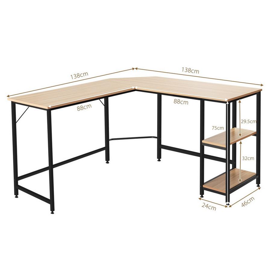 Northix Bureau de bureau en forme de L avec 2 étagères 138 x 60 x 75 cm naturel  