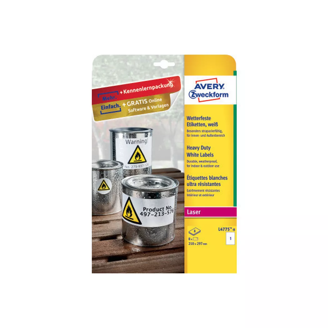Avery-Zweckform – AVERY ZWECKFORM Wetterfeste-Etikett. 210x297mm L4775-8 weiss 8 Blatt/8 Stk., One Size