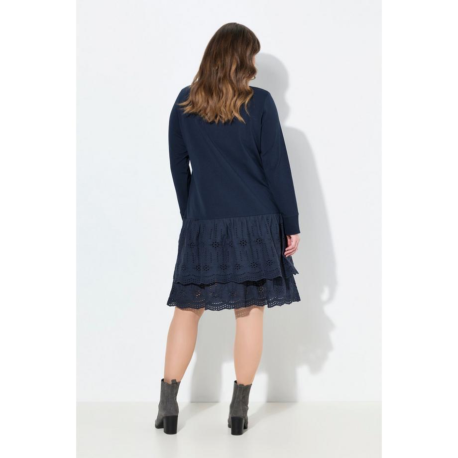 Ulla Popken Robe en molleton Dentelle Col Rond Manches Longues Coton Biologique  