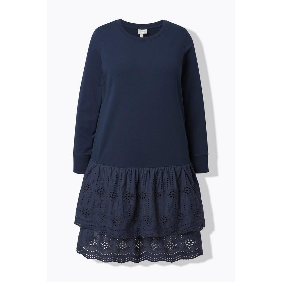 Ulla Popken Robe en molleton Dentelle Col Rond Manches Longues Coton Biologique  