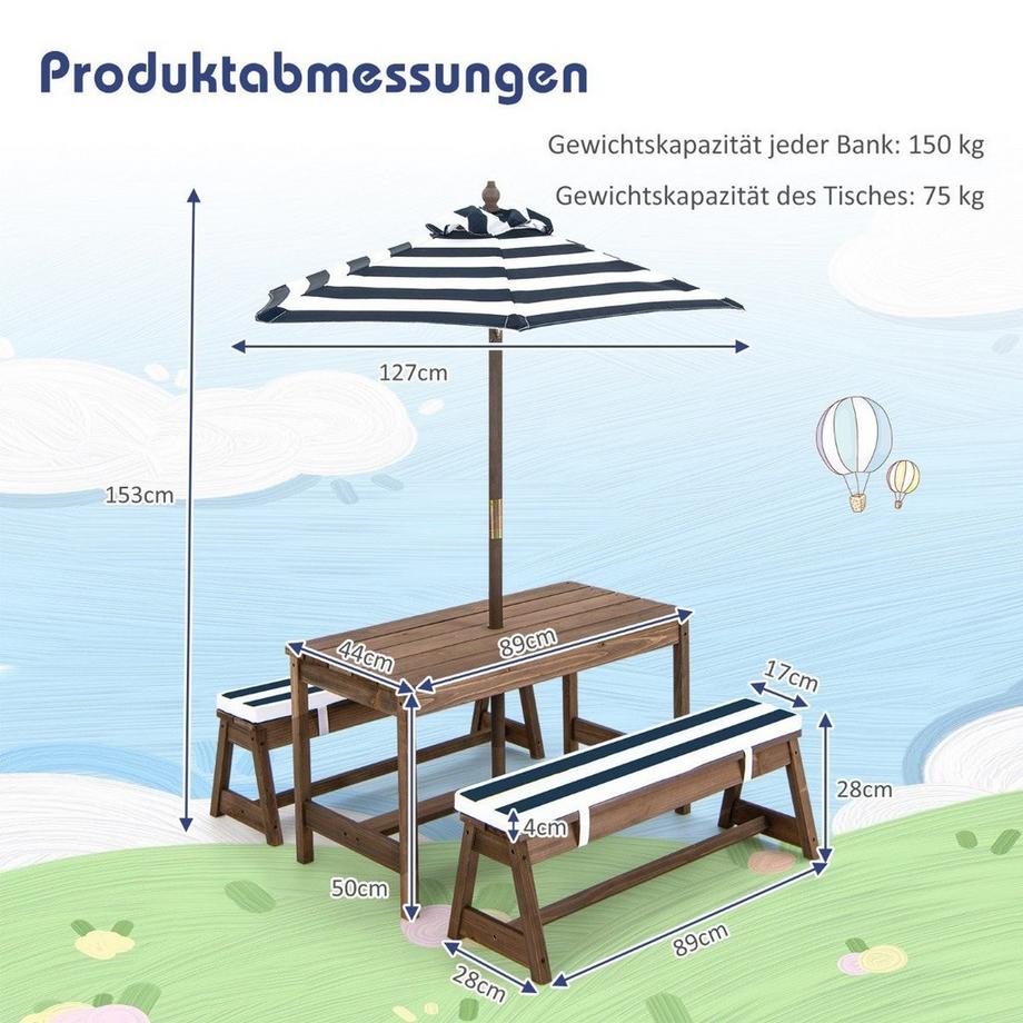 Northix Picknicktisch mit Sonnenschirm & Sitzbänken Tisch und Bank-Set Blau  