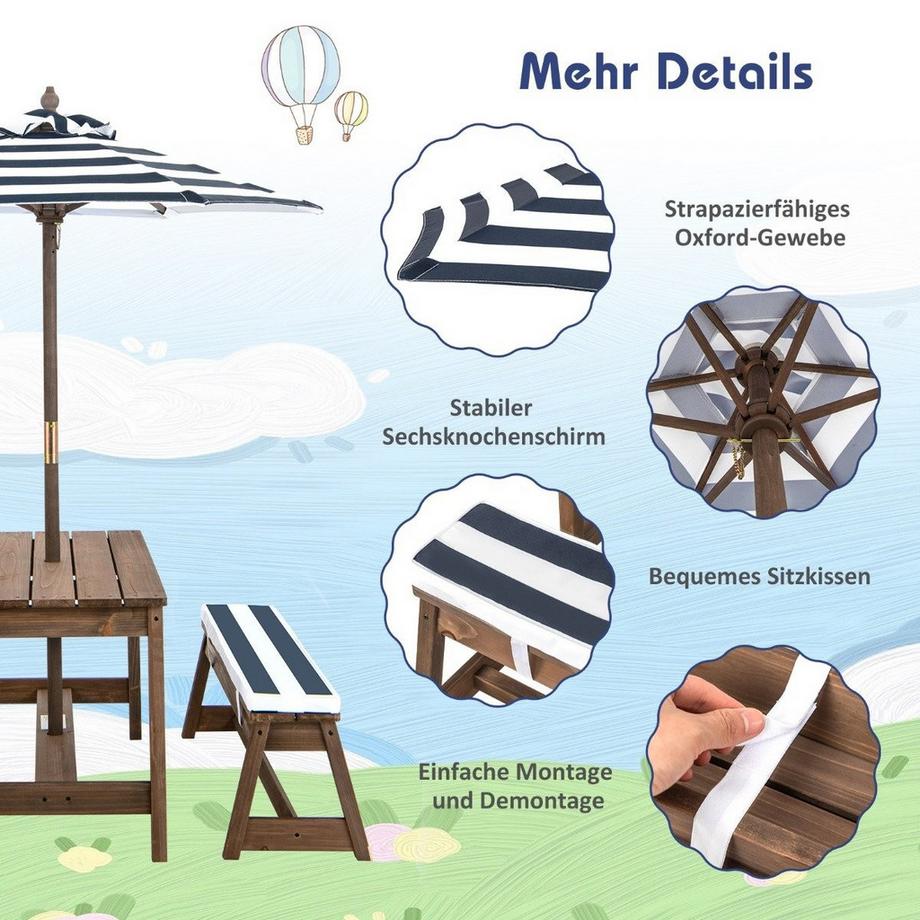 Northix Picknicktisch mit Sonnenschirm & Sitzbänken Tisch und Bank-Set Blau  
