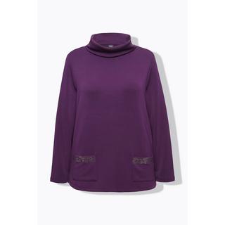 Ulla Popken  Sweat-shirt à col montant et manches longues, coupe boxy, strass sur les poches 