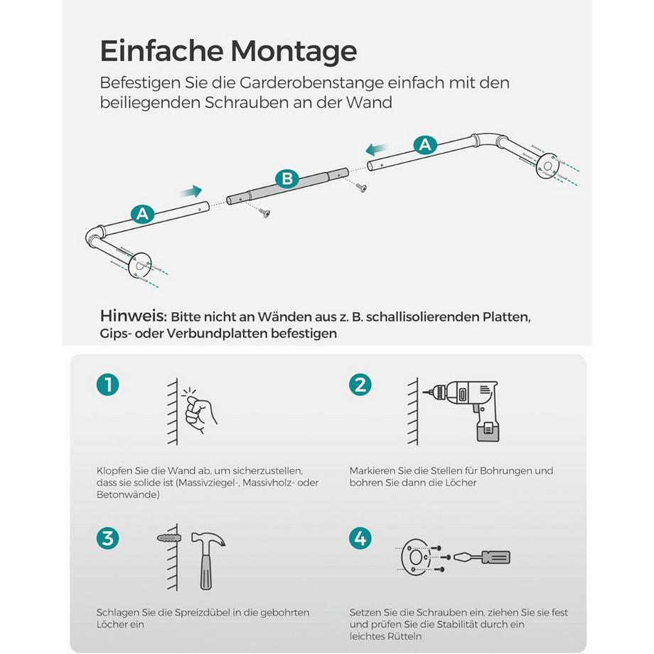 Calicosy Industrielle Wand-Kleiderstange, 60 kg Tragkraft, Schwarz  
