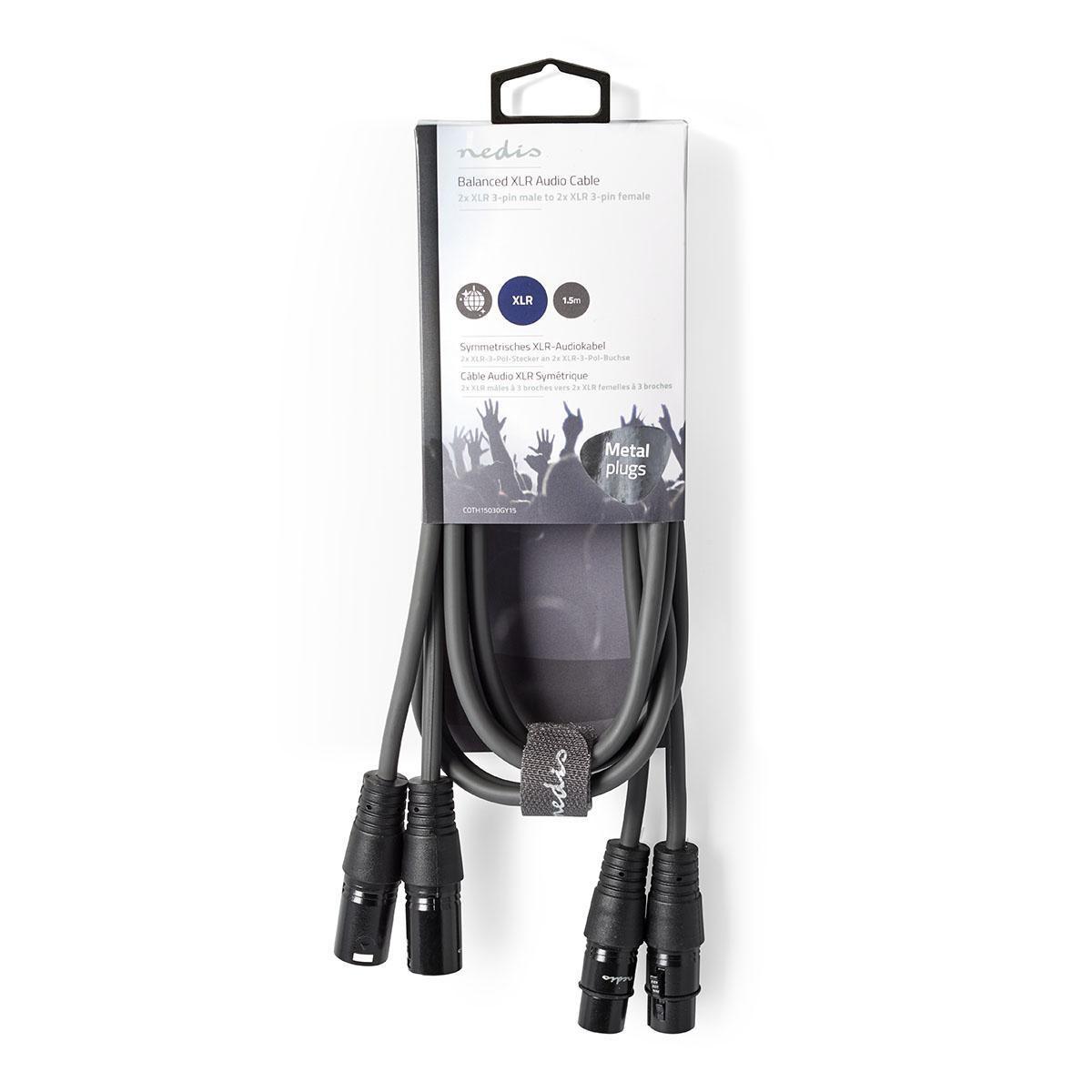 Nedis  Cavo audio bilanciato | 2x XLR 3-Pin Maschio | 2x XLR 3-Pin Femmina | Nichelato | 1,50 m | Rotondo | PVC | Grigio scuro | Custodia in cartone 