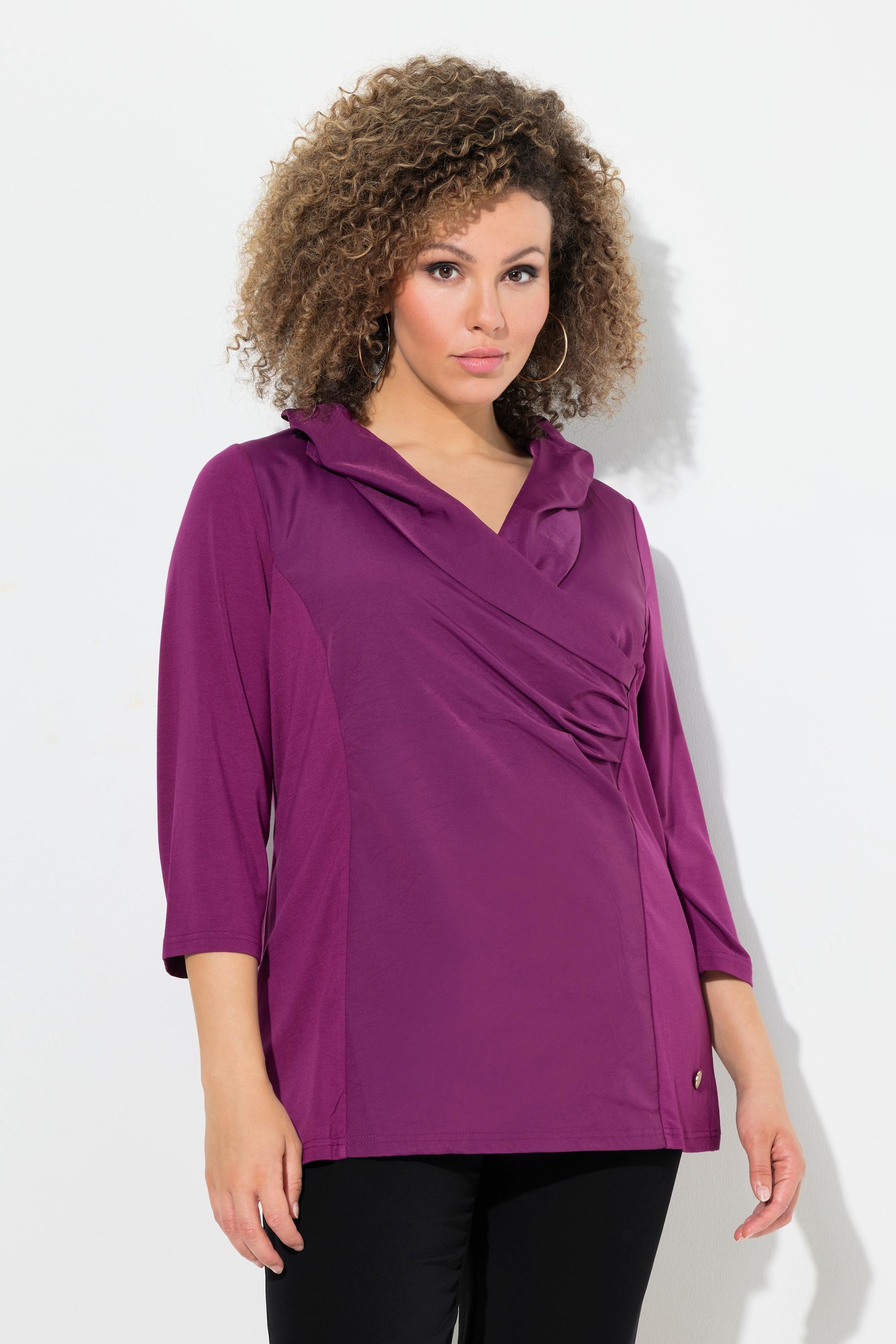 Ulla Popken  Shirt, Taft-Kragen, Classic, V-Ausschnitt, 3/4-Arm 