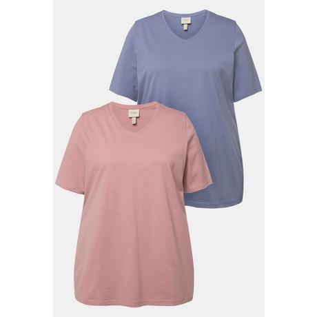 Ulla Popken  T-shirts en coton bio. Col en V et manches courtes. Lot de 2. 