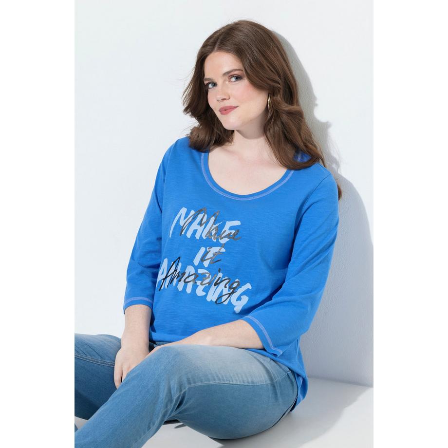 Ulla Popken Maglia Stampa Scritta Taglio Svasato Scollo Rotondo Maniche 3/4  