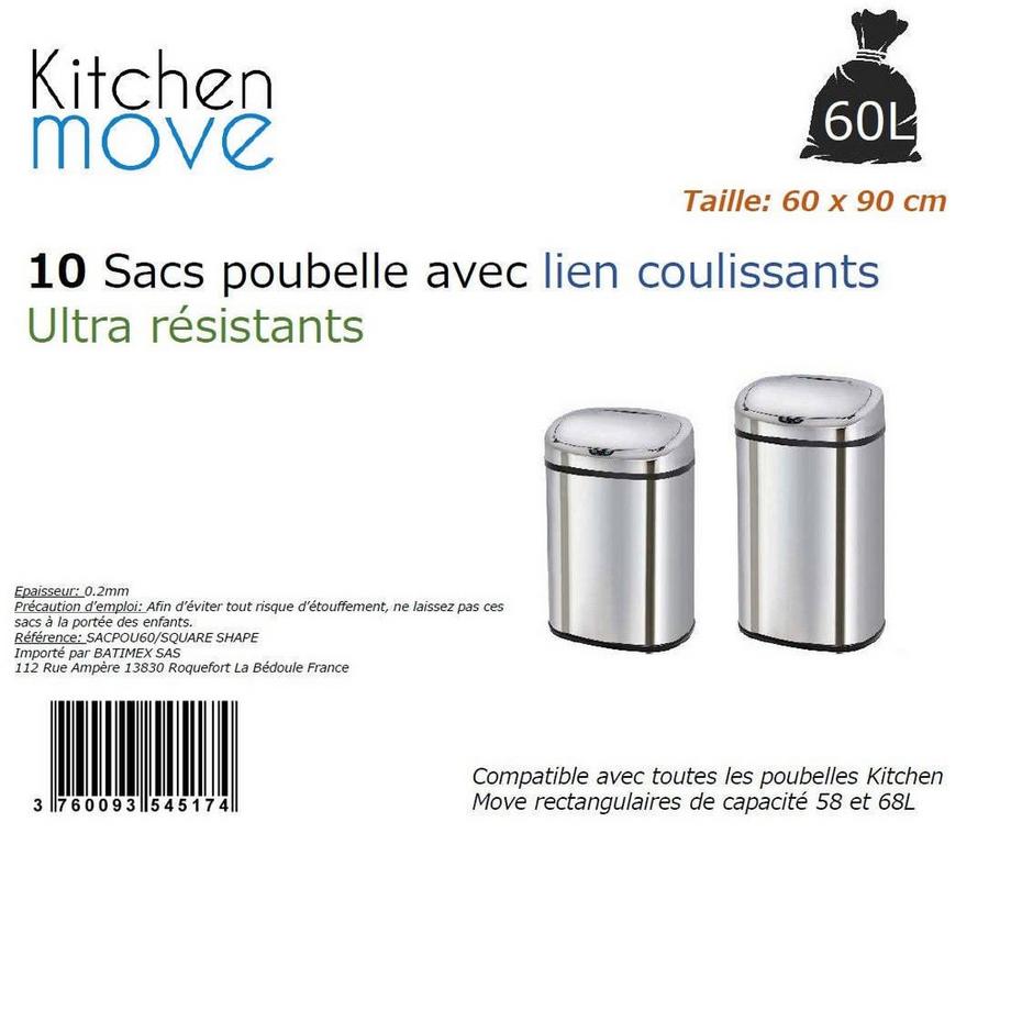 Kitchen Move  Lot de 50 sacs poubelles 60L avec lien coulissant Ultra résistants 