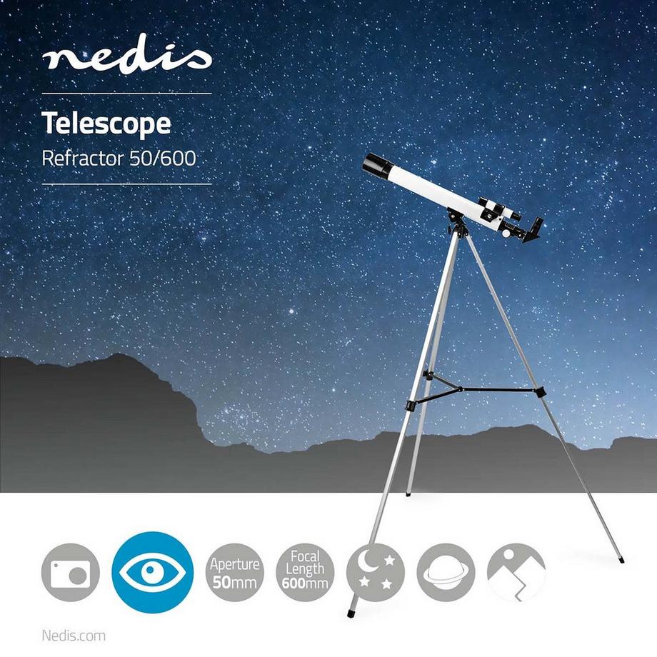 Nedis  Teleskop | Blende: 50 mm | Brennweite: 600 mm | Sucher: 5 x 24 | Maximale Arbeitshöhe: 125 cm | Stativ | Schwarz / Weiß 