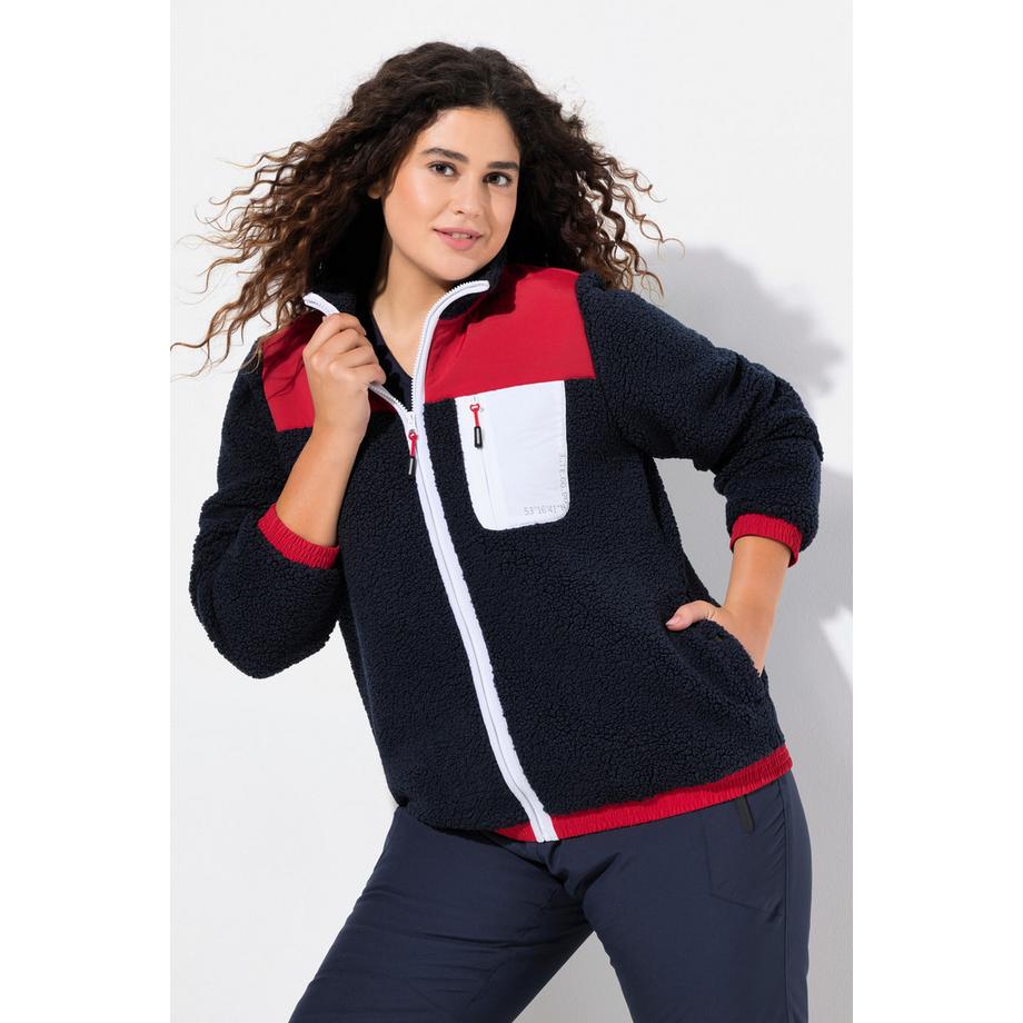 Ulla Popken Giacca Pile Teddy Applicazioni Collo Alto Cerniera Doppio Cursore  