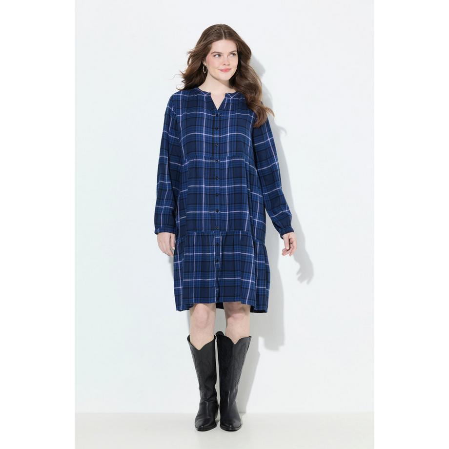 Ulla Popken Abito a Quadri Volant Linea ad A Scollo a Tunica Maniche Lunghe  