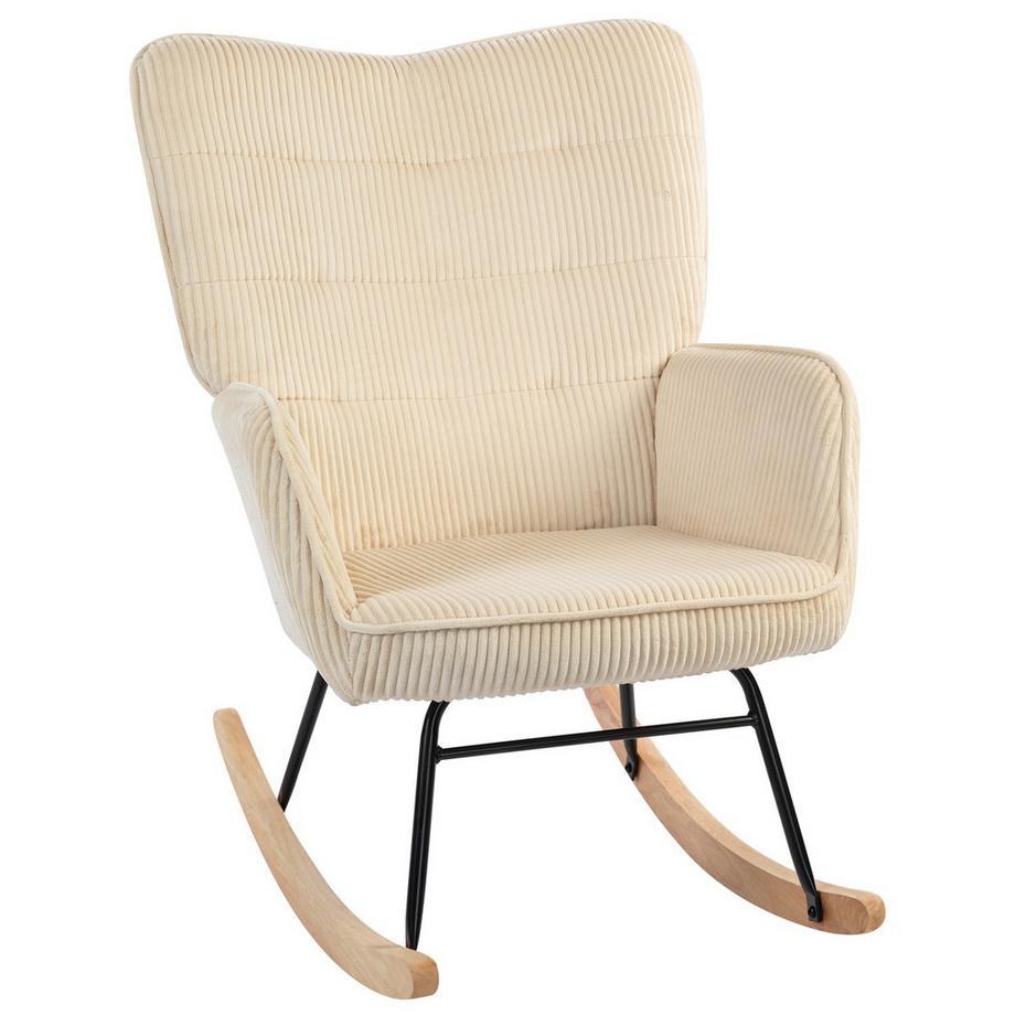 Schaukelstuhl, Schaukelsessel mit Kordoptik, Armlehne, Sessel mit Holzkufen, Relaxsessel für Wohnzimmer, Schlafzimmer, Beige