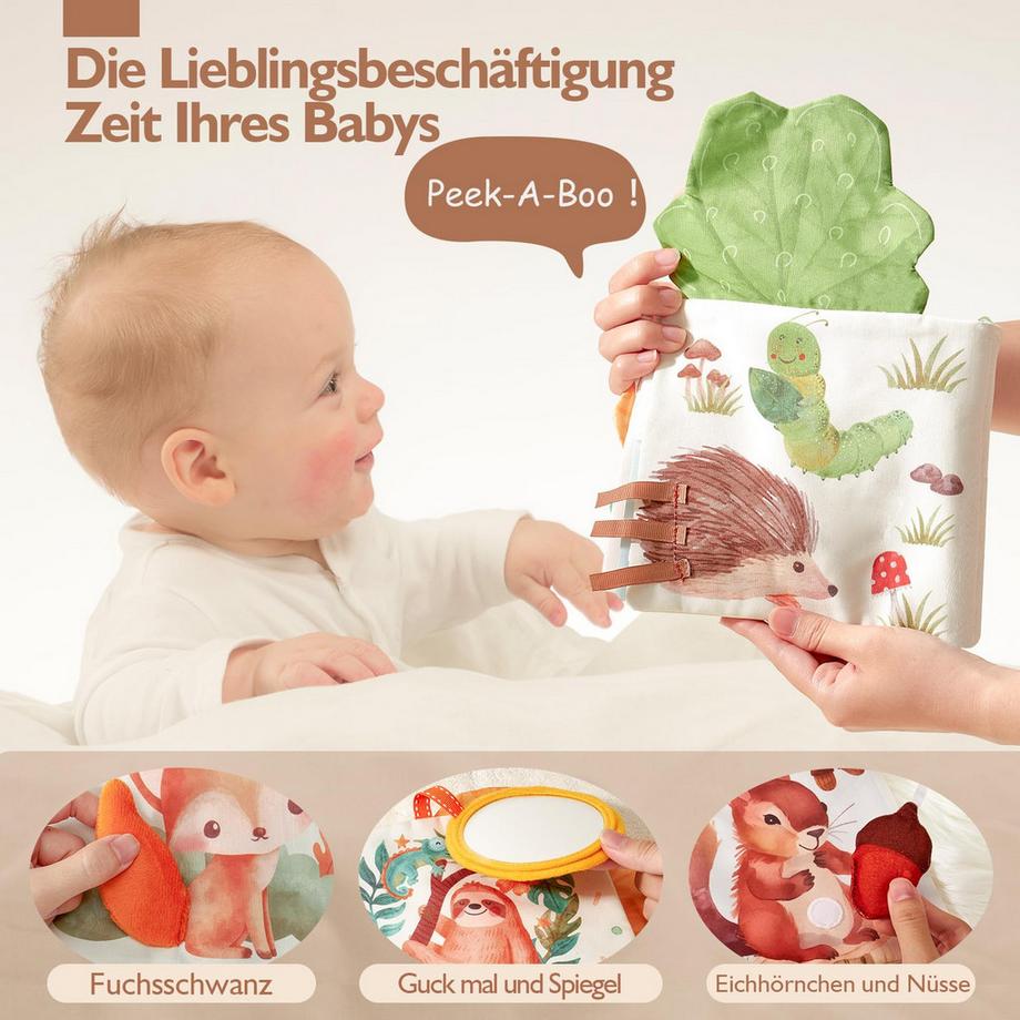 Activity-board  Stoffbuch, Interaktive Babybücher mit Spiegelrassel, Spielzeug 0-6 Monate 