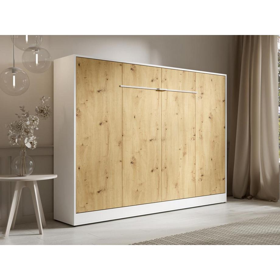 Vente-unique Lit escamotable 140 x 200 cm - Ouverture horizontale manuelle - Avec LEDs - Blanc et naturel - RAPILI  