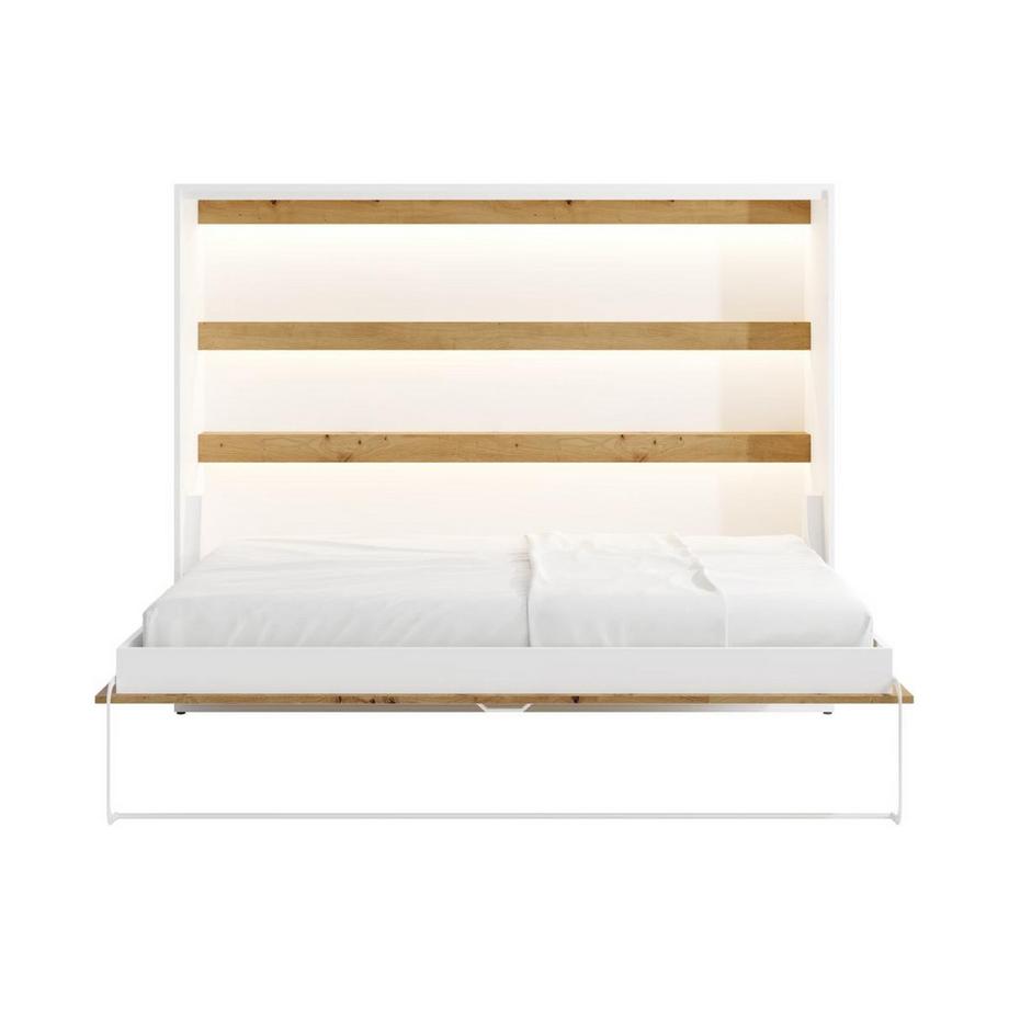 Vente-unique Lit escamotable 140 x 200 cm - Ouverture horizontale manuelle - Avec LEDs - Blanc et naturel - RAPILI  