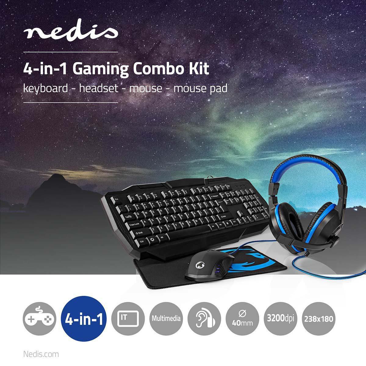 Nedis  Gaming Combo Kit | 4-in-1 | Tastatur, Headset, Maus und Mauspad | Blau / Schwarz | QWERTY | IT Layout 