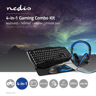 Nedis  Gaming Combo Kit | 4 in 1 | Tastiera, cuffie, mouse e tappetino per mouse | Blu / Nero | QWERTY | Layout IT 